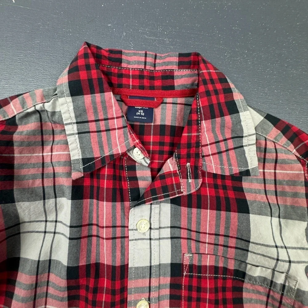 Gap Boys 4/5 Red Grey Plaid Button Up Long Sleeve Cotton Casual Shirt Classic